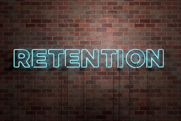RETENTION - fluorescent Neon tube Sign on brickwork - Front view - 3D rendered royalty free stock picture. Can be used for online banner ads and direct mailers.